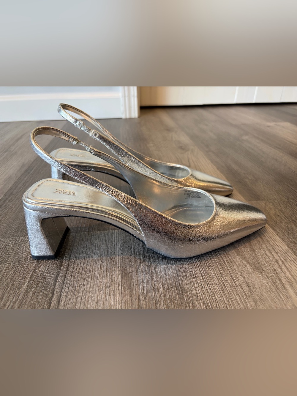 🩶 Zara Silver Metallic Slingback Block Heel Pumps  Size EU 39